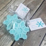 light blue snowflake soap favors with ribbon and worded hang tags