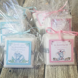 Jungle and safari themed baby shower favors with elephants and personalized wording one pink and one blue version