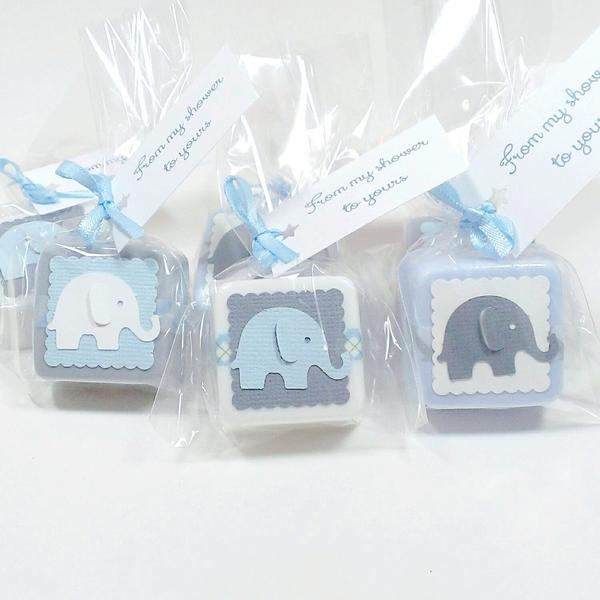 baby shower soap favors in blue white and grey with elephant cut outs and ribbons with ties