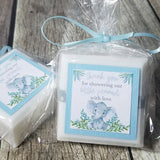 White soap favors with blue elephant design