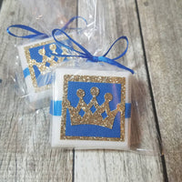little prince baby shower soap favors with crowns and tied with a ribbon in royal blue and gold