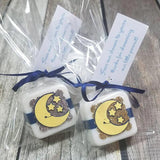 twinkle twinkle little star theme navy and gold tied with a hang tag with custom wording and a ribbon