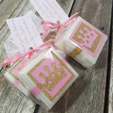 once upon a time princess baby shower soap favors in pink and gold with custom to order tags, side view 