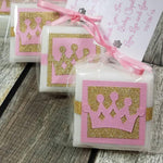 Princes baby shower soap favors with white soap and pink and gold embellisments with a custom tag