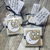 twinkle twinkle little star baby shower favors white soaps with black gold and white accents a personalized tag tied with ribbon